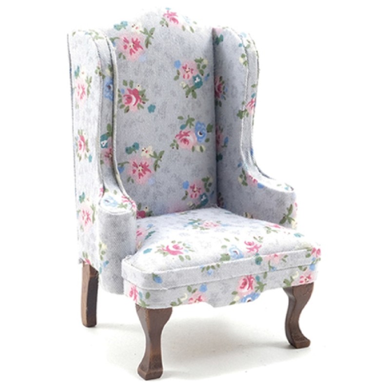 Dolls House Walnut & Grey Floral Wing Armchair 1:12 Gray Living Room Furniture