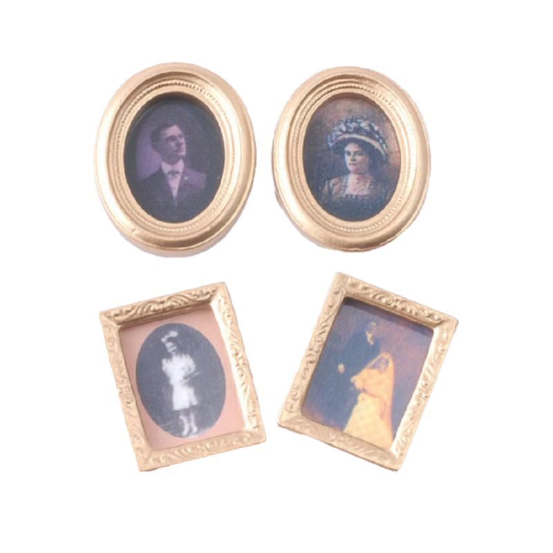 Dolls House 4 Victorian Portrait Pictures Paintings in Miniature Gold Frames 