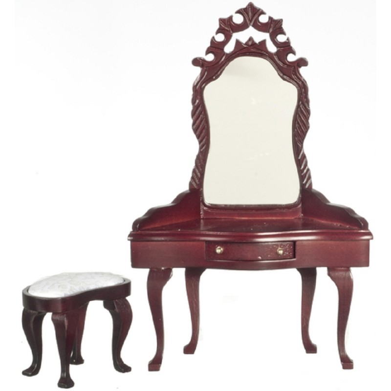 Dolls House Mahogany Vanity Dressing Table & Stool Miniature Bedroom Furniture 