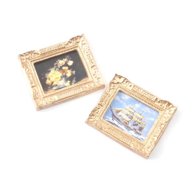 Dolls House 2 Pictures Paintings in Antique Gilt Gold Frames Miniature Accessory