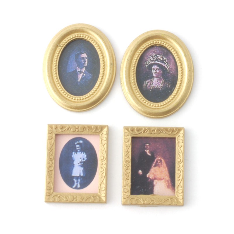 Dolls House 4 Victorian Portrait Pictures Paintings Miniature Matt Gold Frames 