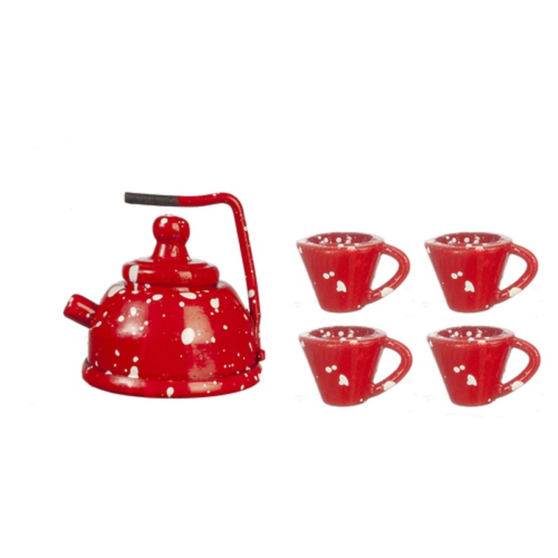 Dolls House Red Spot Tea Pot Kettle & Cups Mugs Metal Kitchen Accessory 1:12