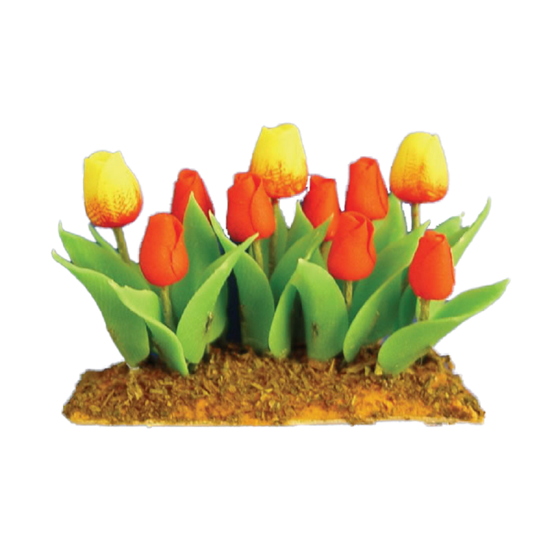 Dolls House Red and Yellow Tulips Flowers in Grass Ground Garden Accessory 1:12