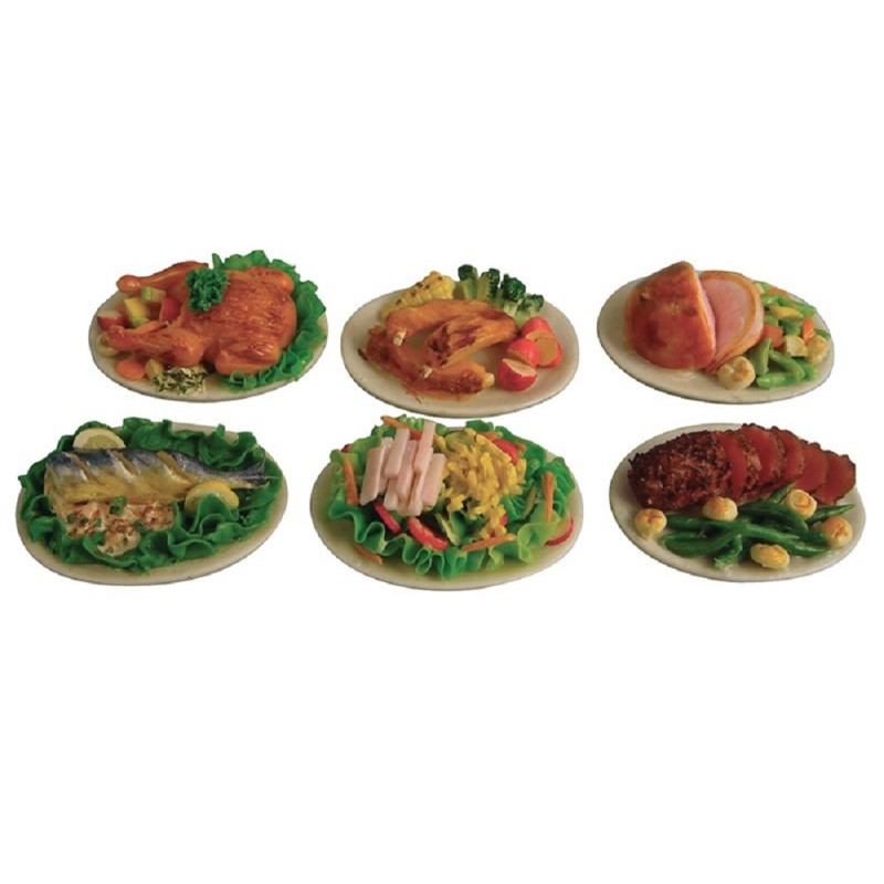 Dolls House 6 Plates of Food Beef Fish Pork etc Miniature Dining Room Accessory