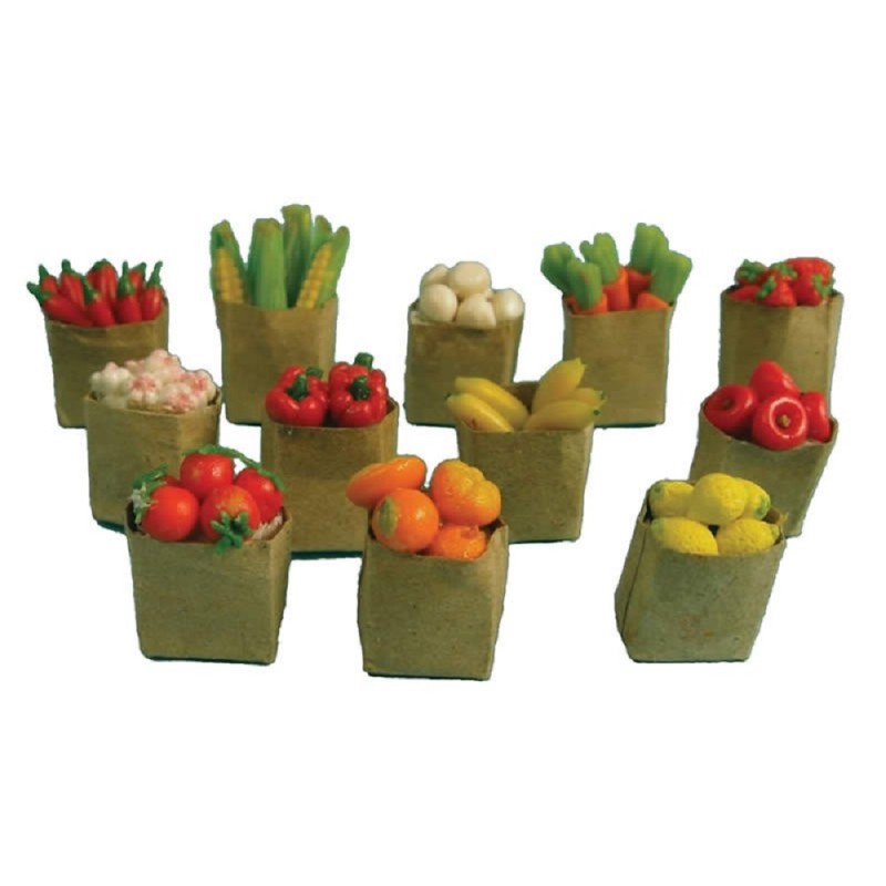 Dolls House Brown Paper Bags Full of Fruit & Veg Kitchen Food Shop Accessory