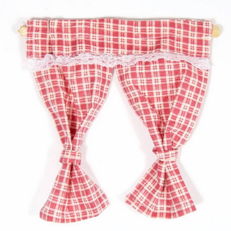Dolls House Red Pink Gingham Curtains Tied Back on Rail 1:12 Window Accessory