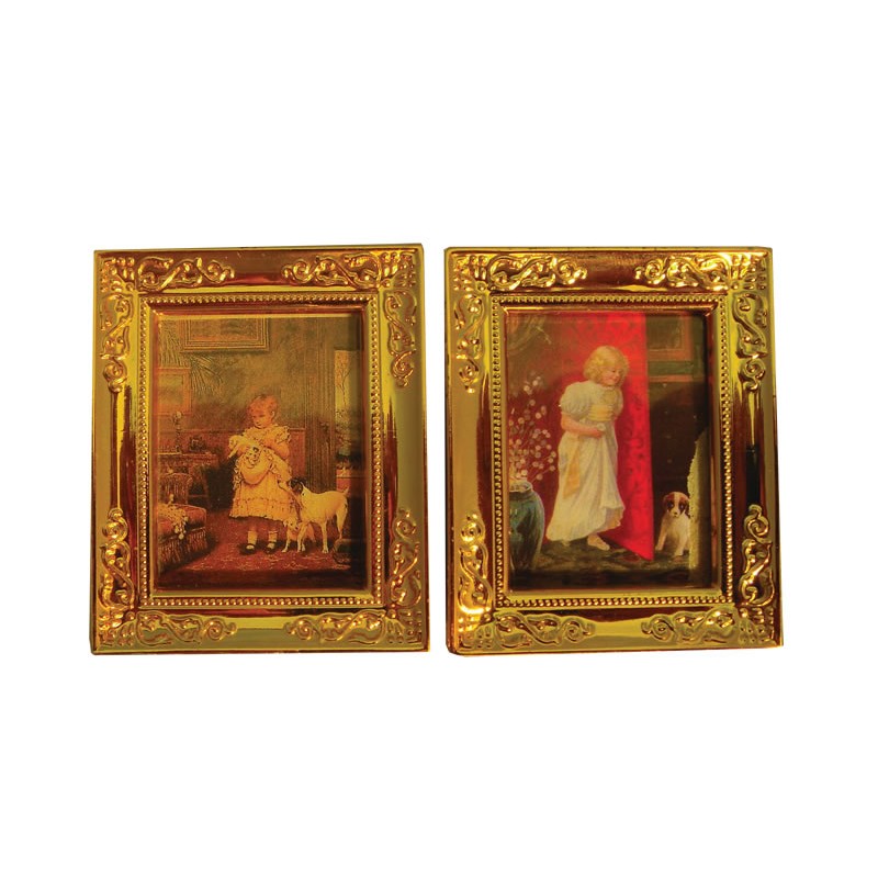 Dolls House 2 Child and Pet Pictures in Shiny Gold Frames Miniature Accessory