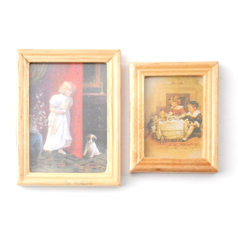Dolls House 2 Child & Pet Pictures Paintings in Wooden Frame Miniature Accessory