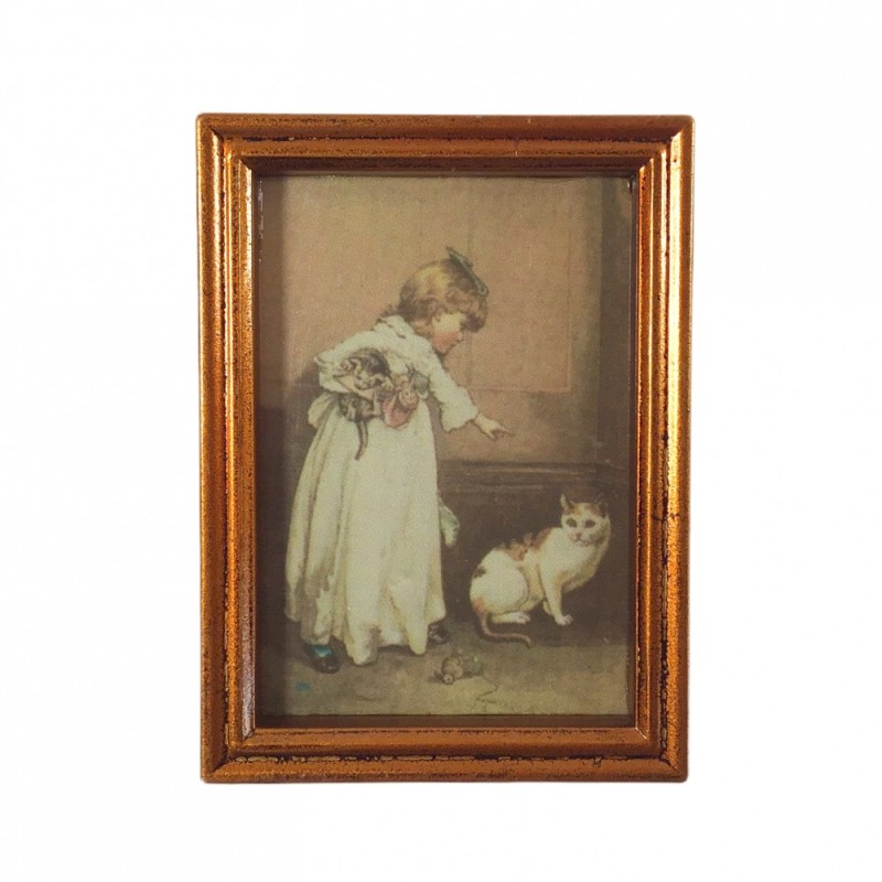 Dolls House Girl and Cat Picture Painting in Wooden Frame Miniature Accessory