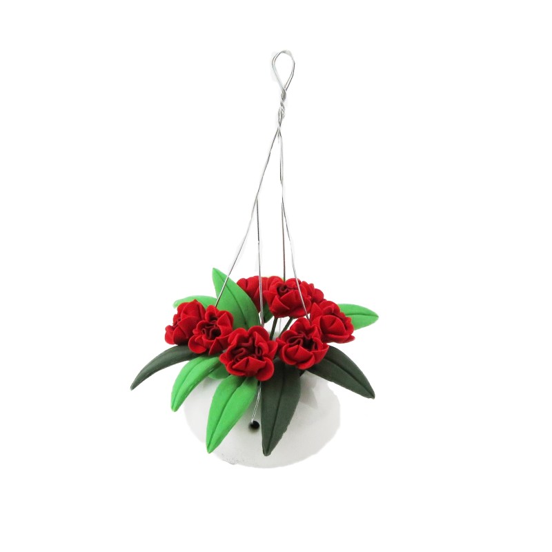 Dolls House Red Flowering Plant in White Hanging Basket Home or Garden Accessory