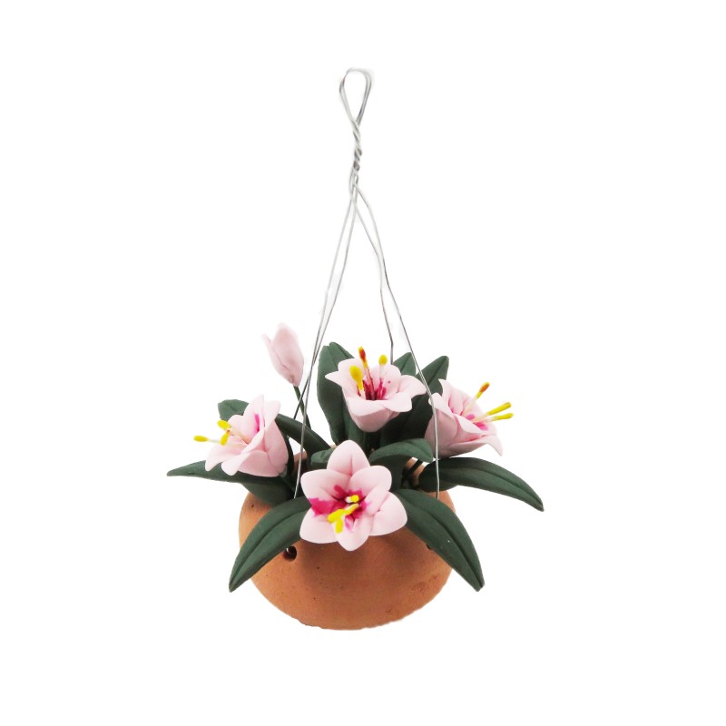 Dolls House Pink Flowers in Terracotta Hanging Basket Bowl Garden Accessory