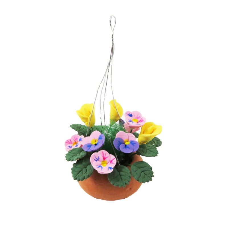 Dolls House Mixed Flowers in Terracotta Hanging Basket Bowl Garden Accessory