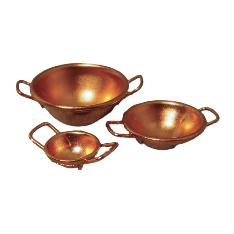 Dolls House Set of 3 Copper 2 Handled Bowls Miniature Kitchen Baking Accessory 