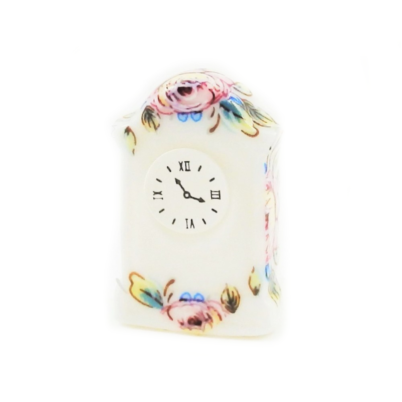 Dolls House White Floral Mantle Clock Ceramic 1:12 Scale Miniature Accessory