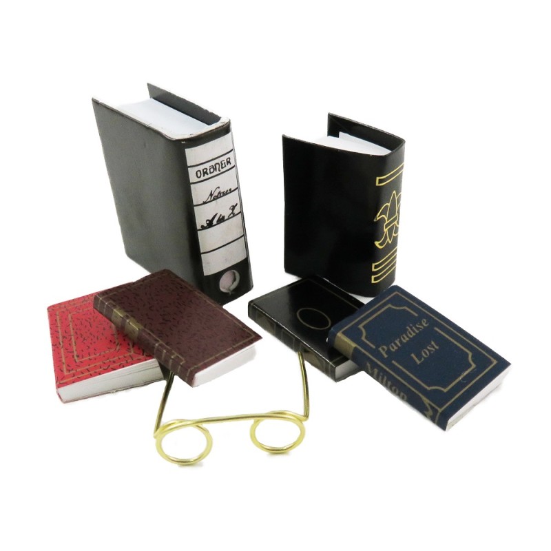 Dolls House Assorted Books & Reading Glasses Office Study Bookshelf Accessory