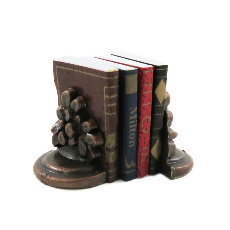 Dolls House Books & Bronze Flower Bookends Office Study Bookshelf Accessory