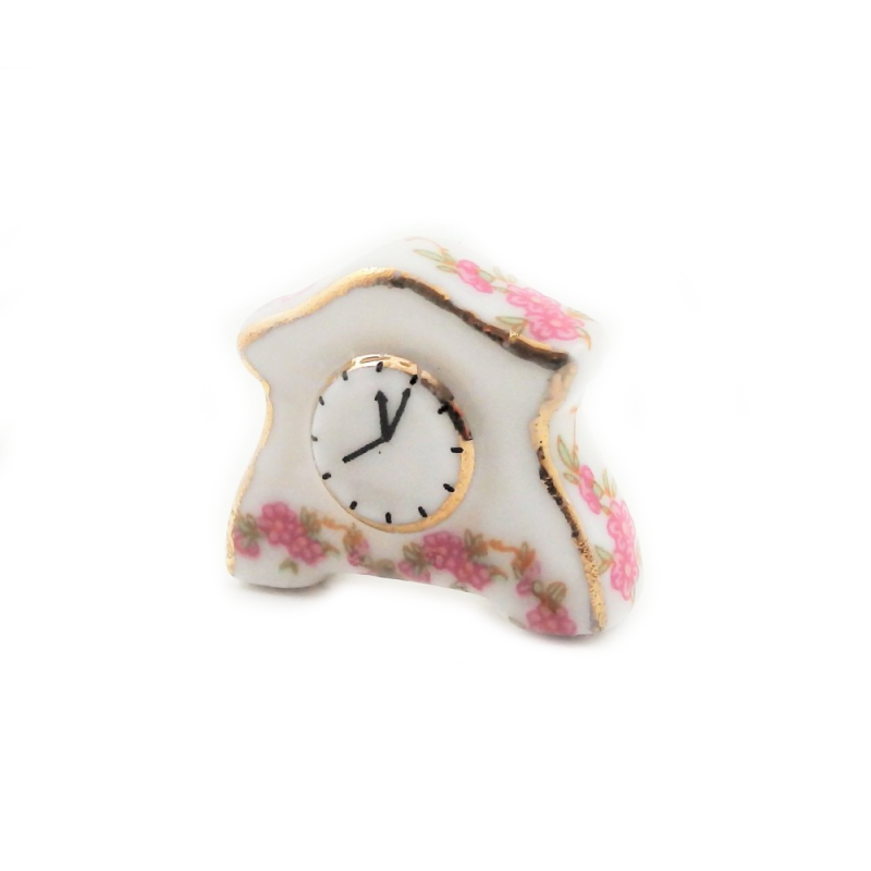 Dolls House White Pink Rose Mantle Clock Ceramic 1:12 Accessory