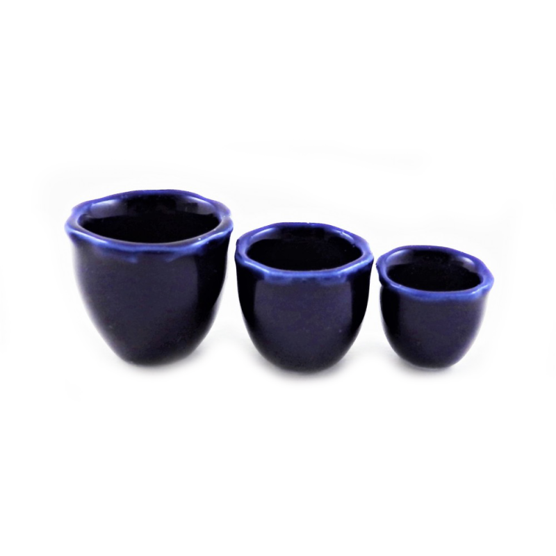 Dolls House 3 Blue Ceramic Plant Pots Modern Home Garden Accessory