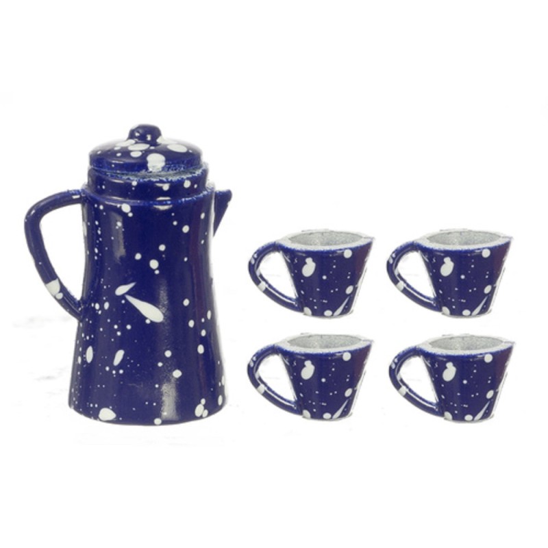 Dolls House Blue Spot Coffee Pot & Mugs Miniature Kitchen Accessory