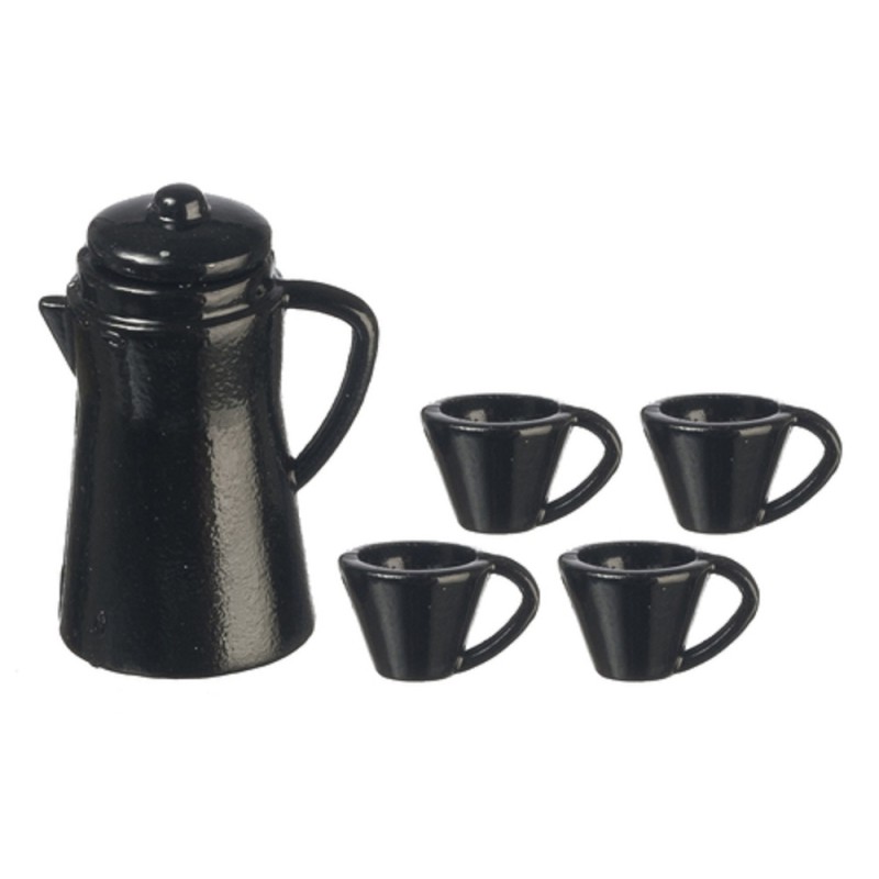 Dolls House Black Coffee Pot & Mugs Miniature Kitchen Accessory