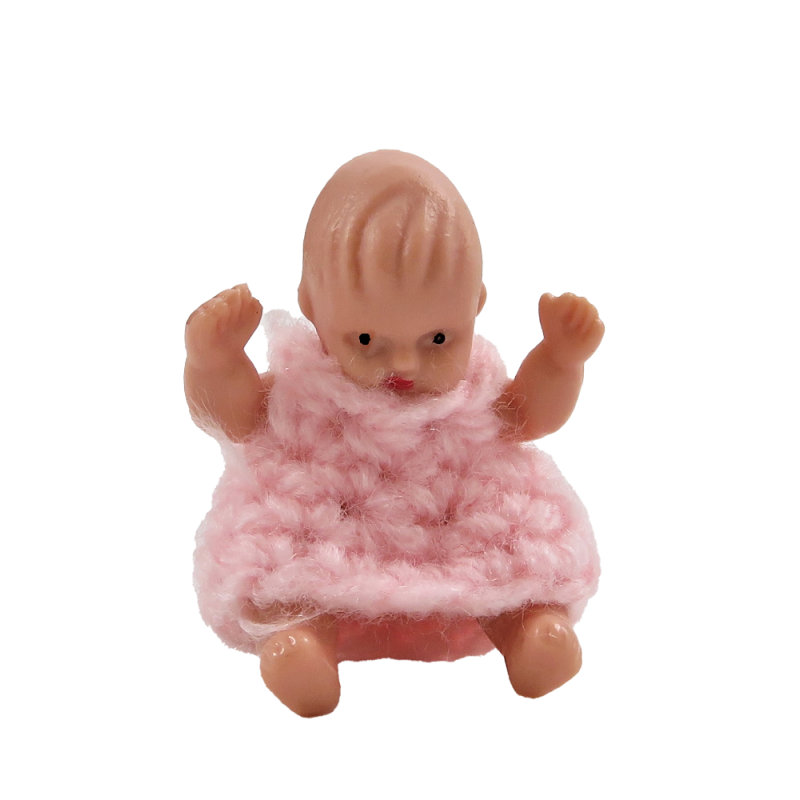 Dolls House Small Baby Doll Sitting in Pink Miniature People Nursery Accessory 