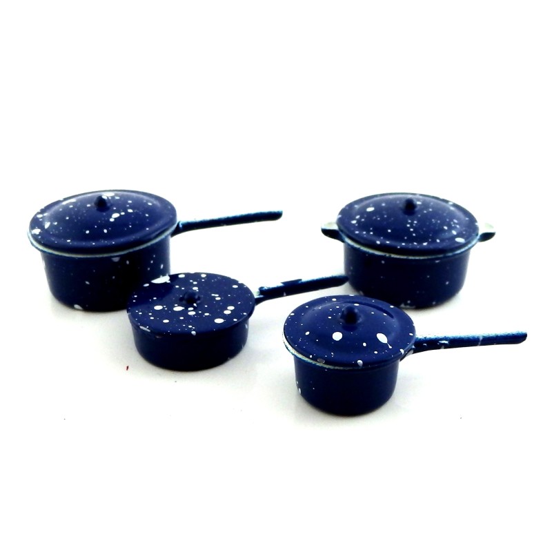 Dolls House Blue Spotted Saucepan Pan Set Miniature 1:12 Metal Kitchen Accessory