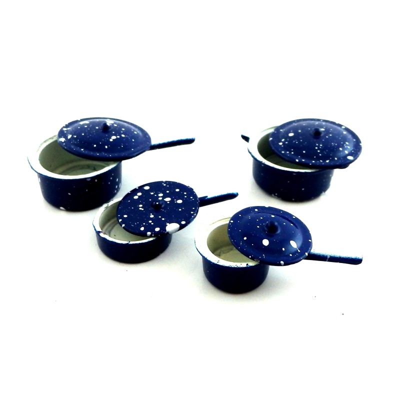 Dolls House Blue Spotted Saucepan Pan Set Miniature 1:12 Metal Kitchen Accessory