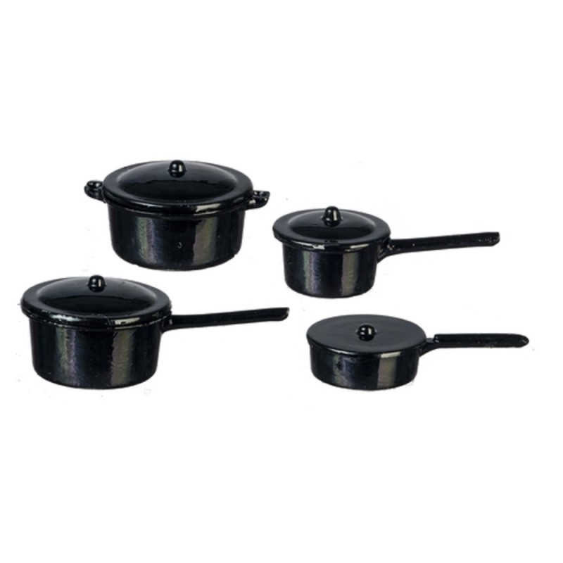 Dolls House Black Saucepan Pan Set Miniature Kitchen Accessory 