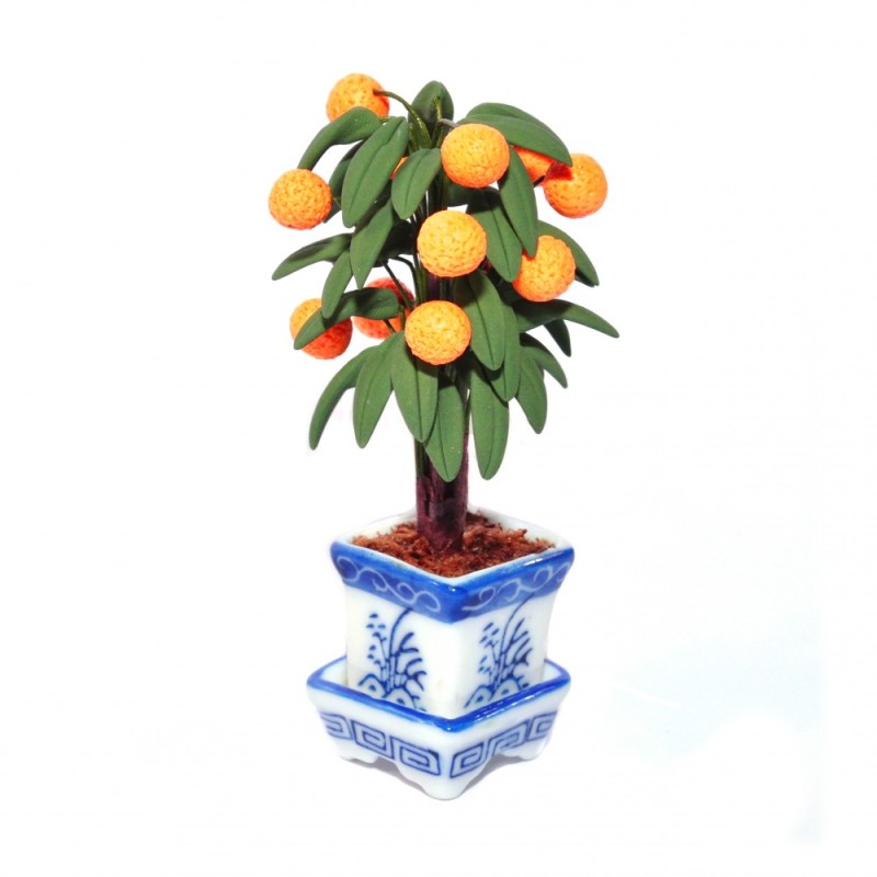Dolls House Orange Tree in White and Blue Chinese Pot Planter Garden Accessory