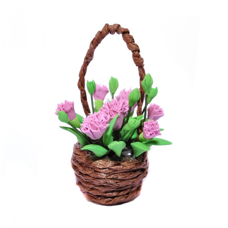 Dolls House Pink Carnations in Basket Miniature Home Flower Display Accessory 