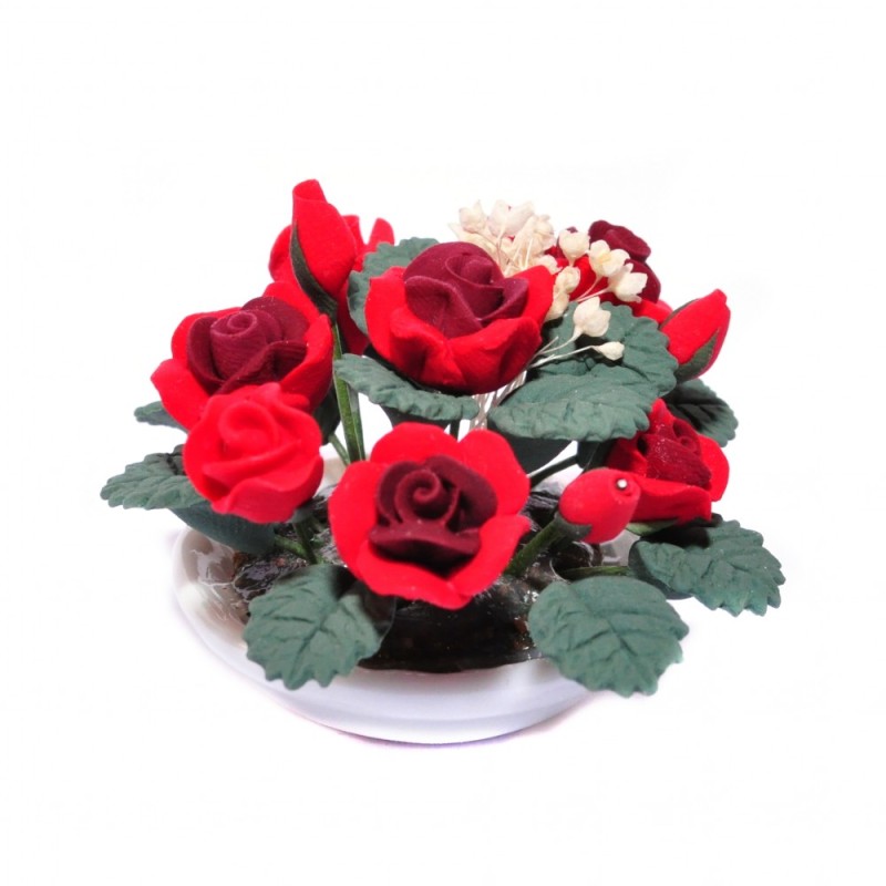 Dolls House Red Roses Flower Display in Round White Bowl Table Centre Accessory 