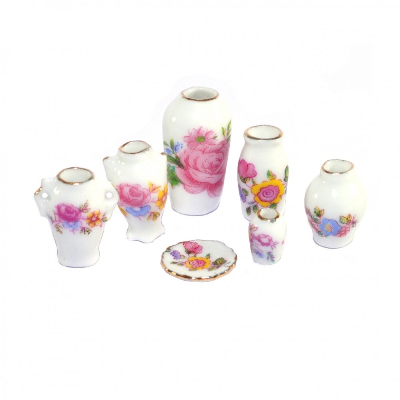 Dolls House Decorative Shaped Set of Matching Floral Vases Miniature Ornaments