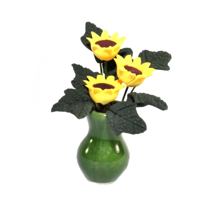 Dolls House Yellow Sunflowers in Green Vase Miniature Flower Display Accessory 