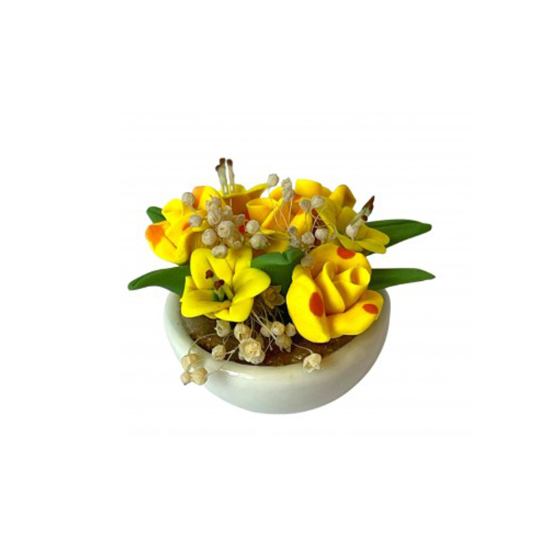Dolls House Yellow Flowers in White Bowl Miniature Home Decor Garden Accessory