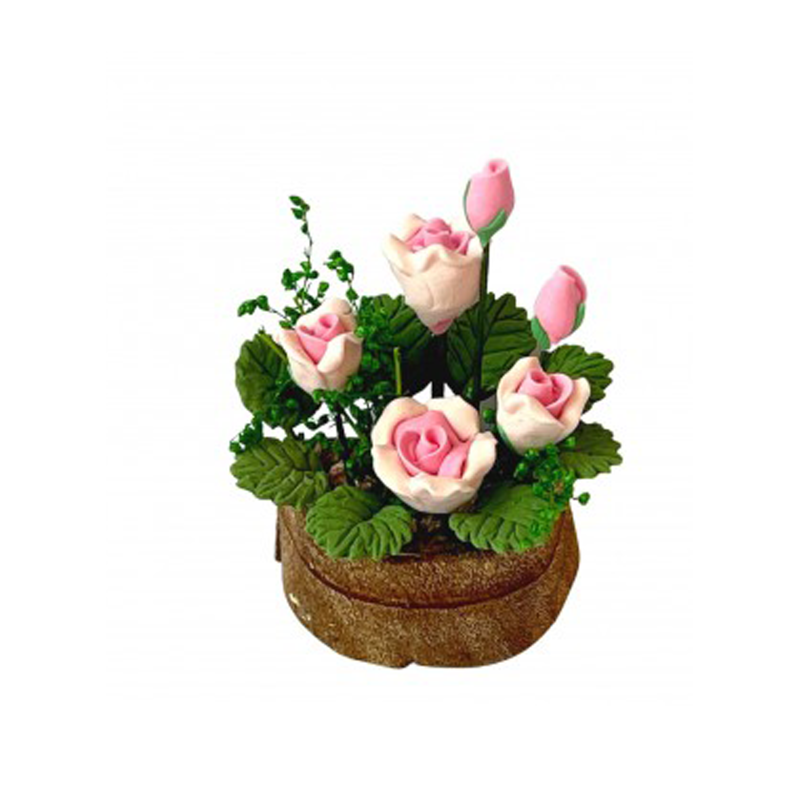 Dolls House Pink Roses in a Half Moon Tub Miniature Flowers Garden Accessory
