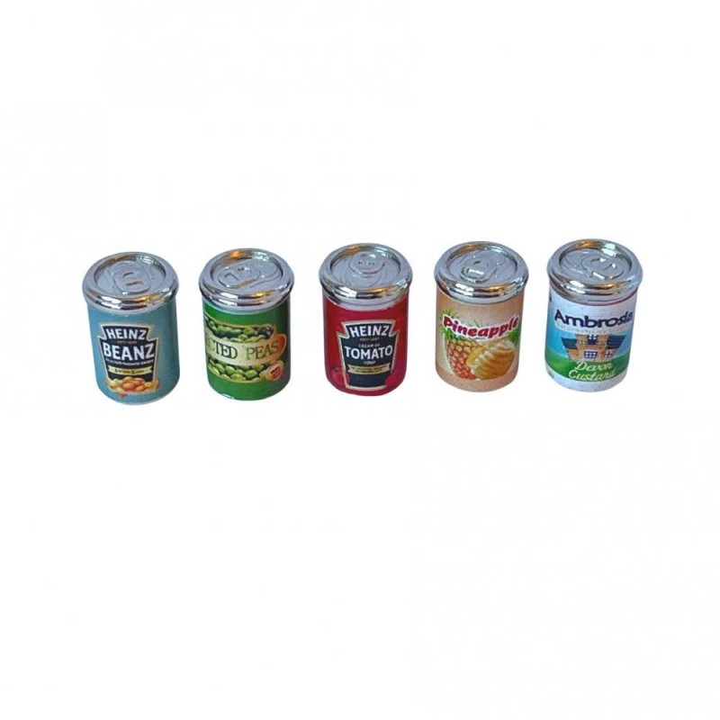Dolls House 5 Food Cans Mixed Grocery Tins Miniature Shop Kitchen Accessory 1:12