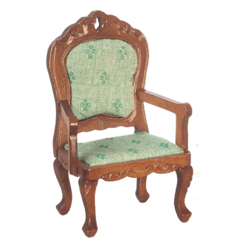 Dolls House Walnut & Green Fauteuil Armchair Victorian Living Room Furniture