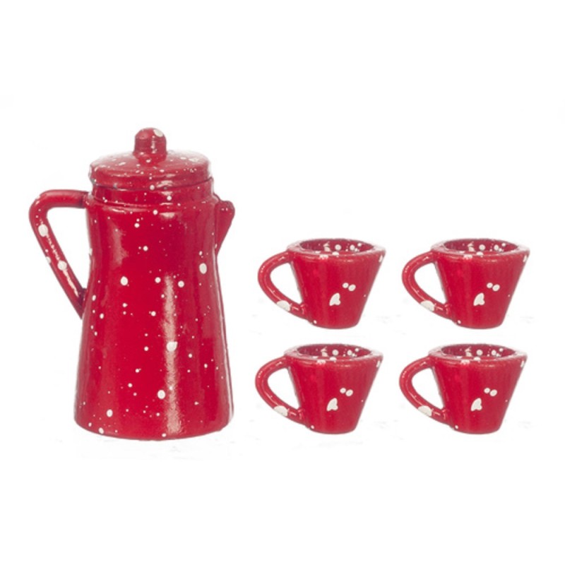 Dolls House Red Spot Coffee Pot & Mugs Miniature Kitchen Accessory