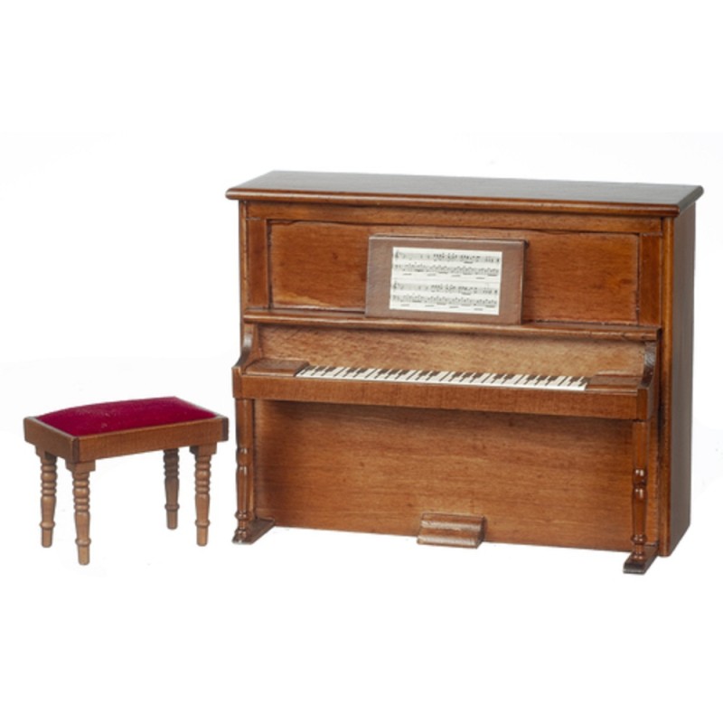 Dolls House Miniature Music Room Furniture Walnut Wooden Upright Piano and Bench