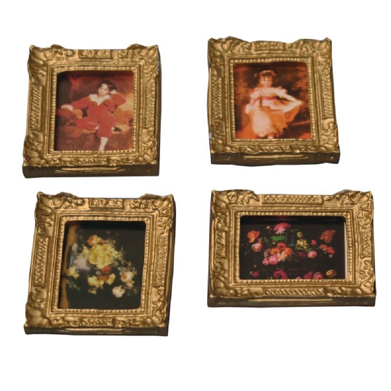 Dolls House 4 Pictures Paintings in Antique Gilt Gold Frames Miniature Accessory