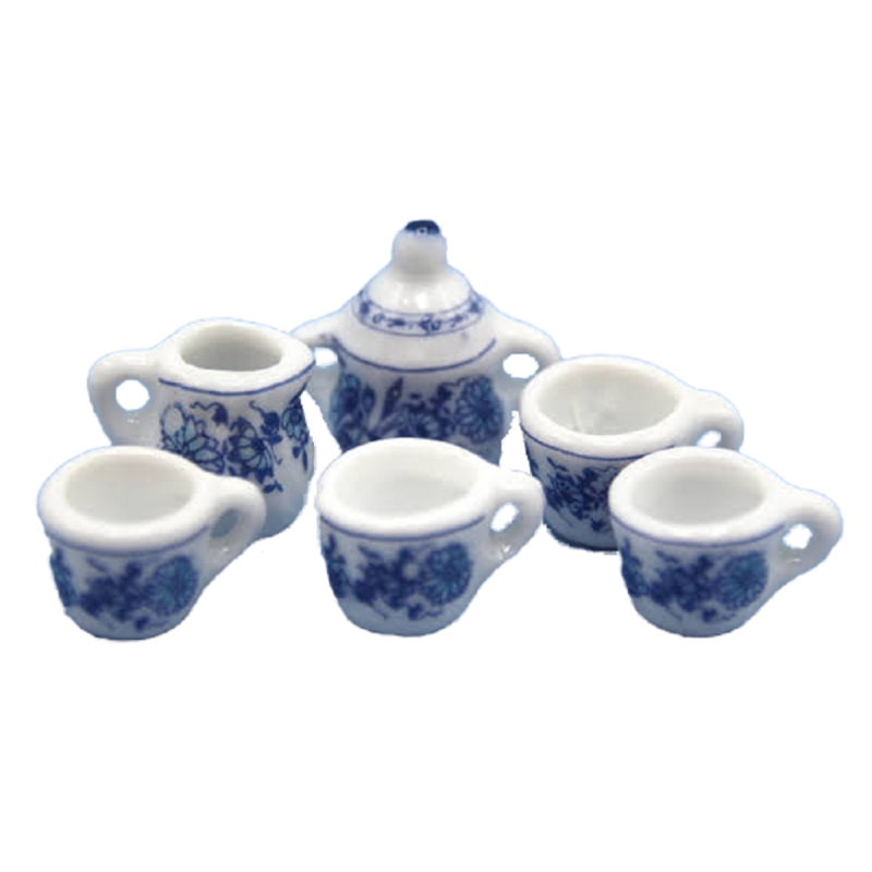 Dolls House 4 Cups Milk Jug Sugar Bowl Blue and White Set Dining Room Accessory