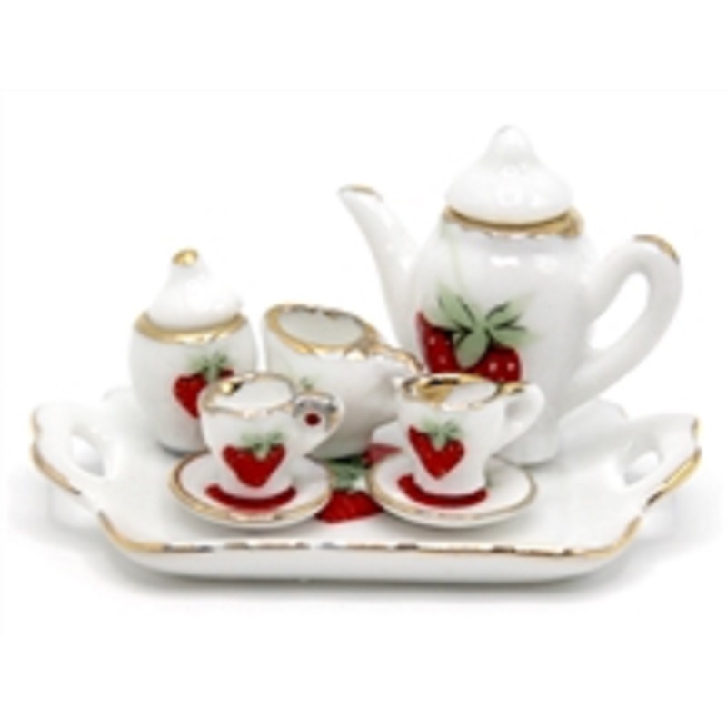 Dolls House Strawberry Tea Set Porcelain Miniature Dining Room Cafe Accessory