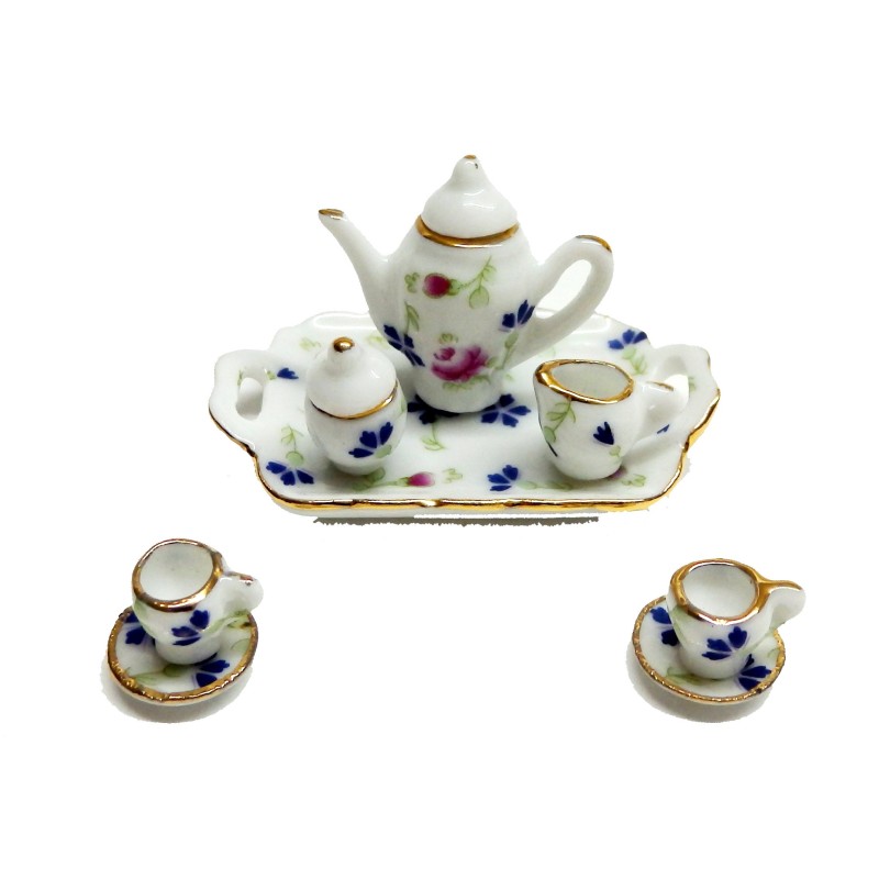 Dolls House Tea Dinner Set Pink Blue Floral Dining Room Accessory