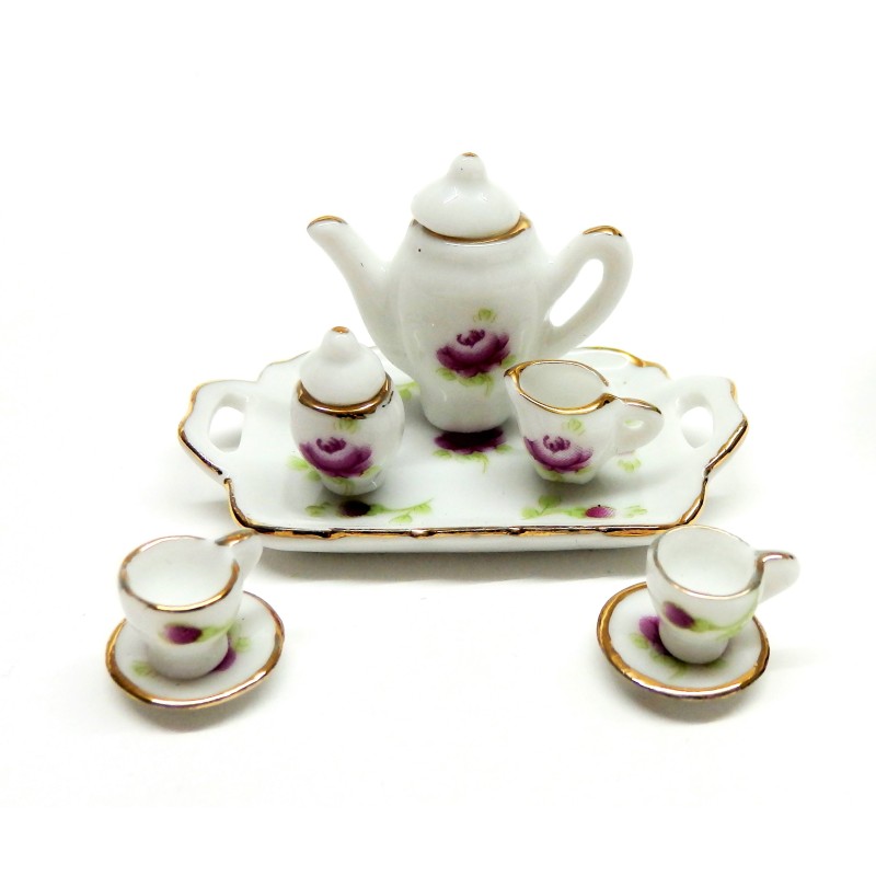 Dolls House Romantic Tea Set Magenta Rose Dining Room Accessory