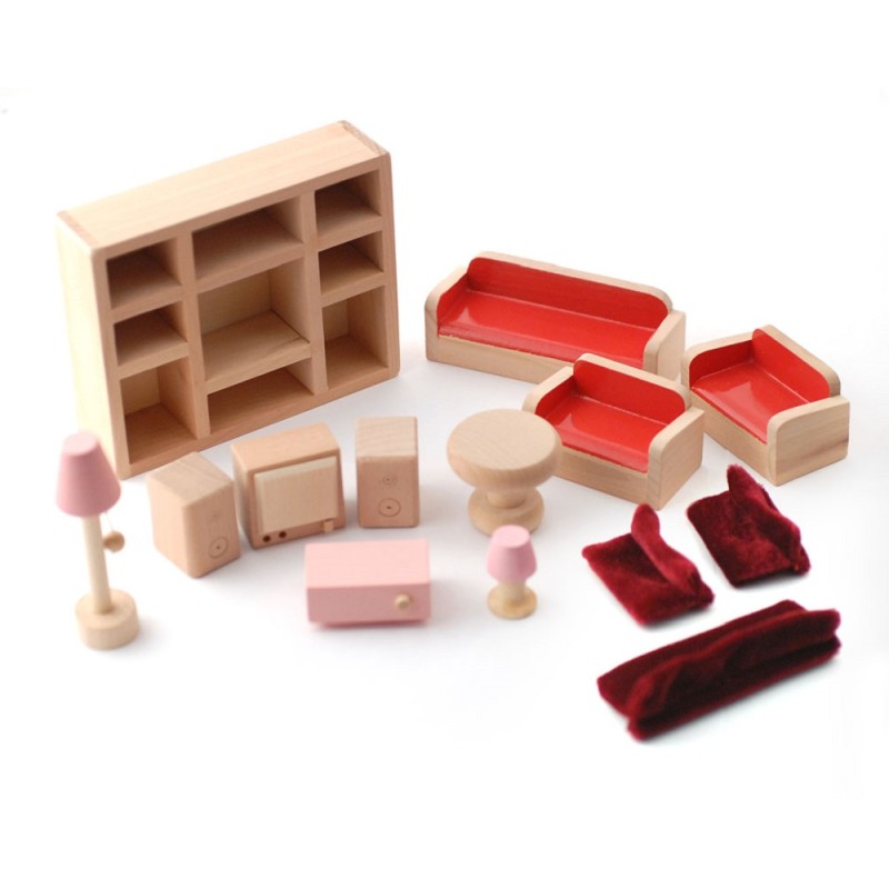 Dolls House Pink Wooden Living Room Set Red Sofa Miniature 3 Years + Furniture