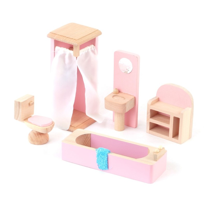 Dolls House Pink Wooden Bathroom Suite Miniature Furniture Set 3 Years Plus