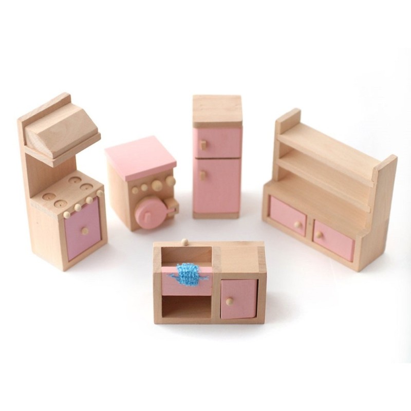 Dolls House Pink Wooden Kitchen Sink Cooker Set Miniature 3 Years Plus Furniture