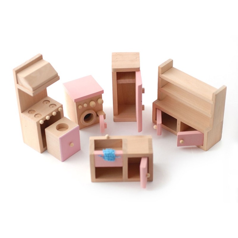 Dolls House Pink Wooden Kitchen Sink Cooker Set Miniature 3 Years Plus Furniture