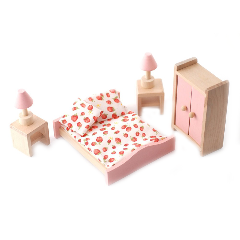 Dolls House Pink Wooden Double Bedroom Set Miniature 3 Years Plus Furniture