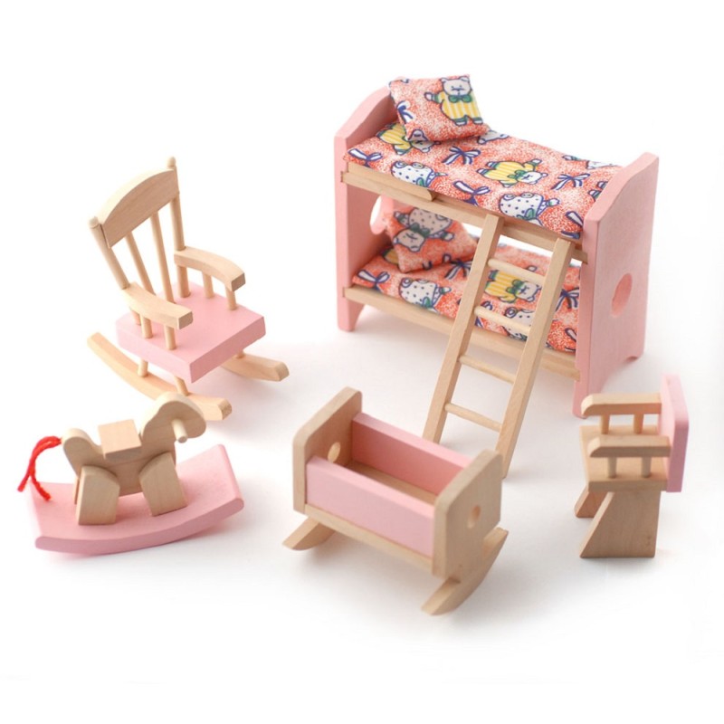 Dolls House Pink Wooden Nursery Bedroom Set Miniature 3 Years Plus Furniture